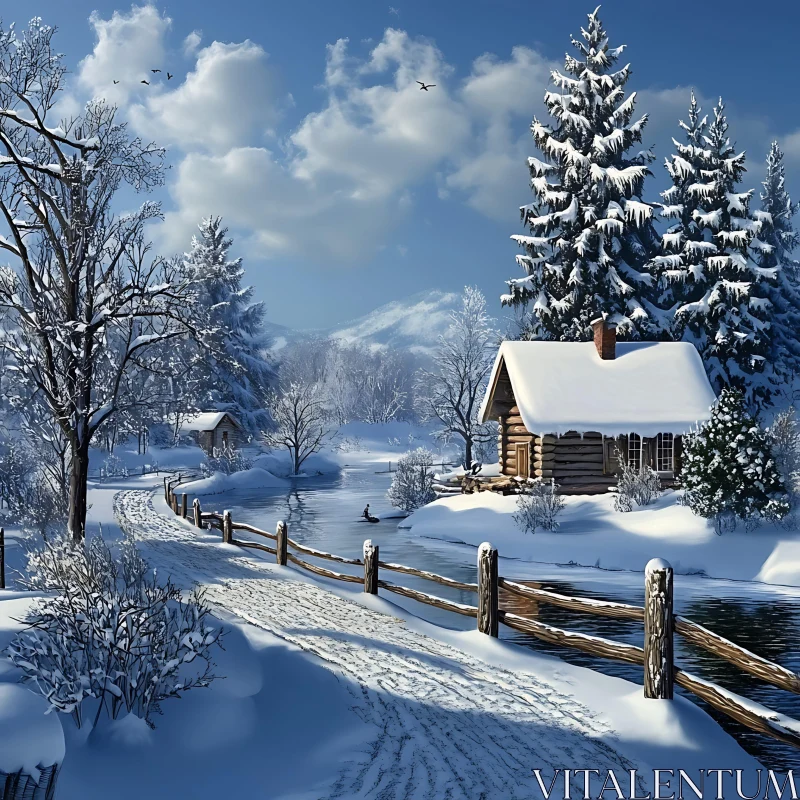 Serene Winter Wonderland with Snowy Cabin AI Image