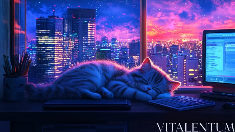 AI ART Peaceful Feline in a Luminous Urban Nightscape