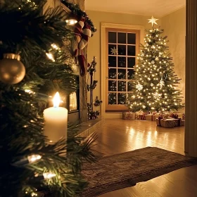 Festive Home Decor with Christmas Tree and Candle