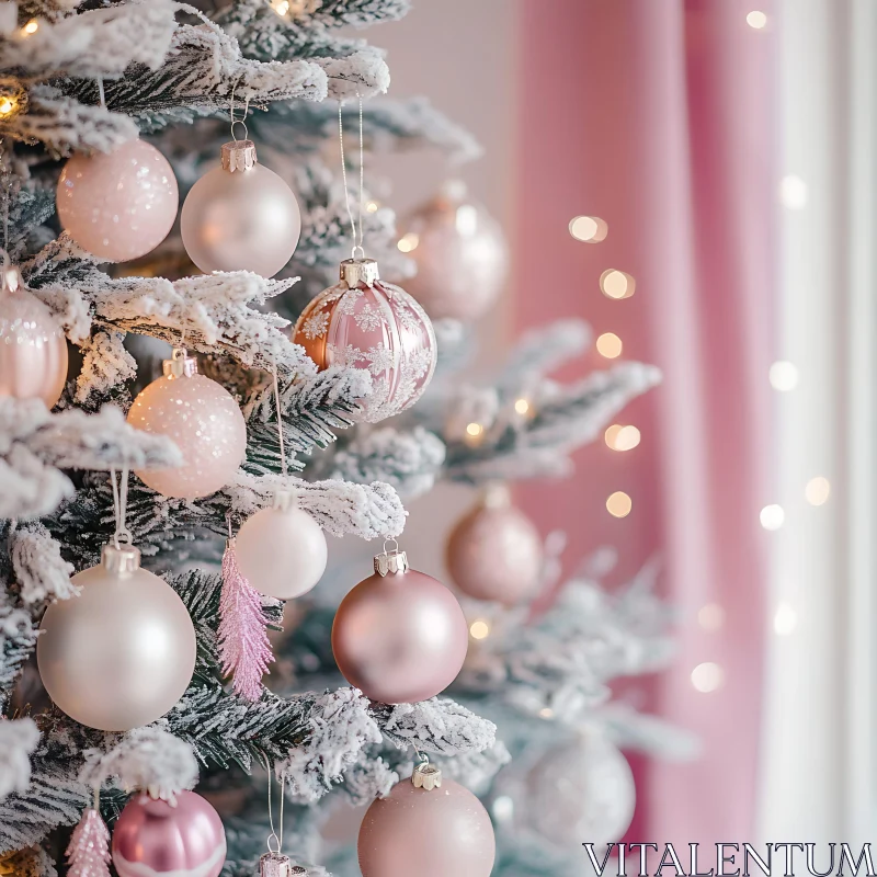 Festive Christmas Tree with Pink Ornaments and Snow AI Image