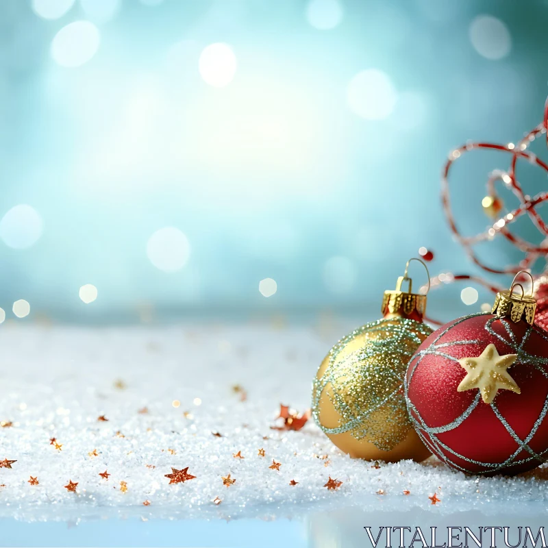 Festive Holiday Ornaments in Snow AI Image