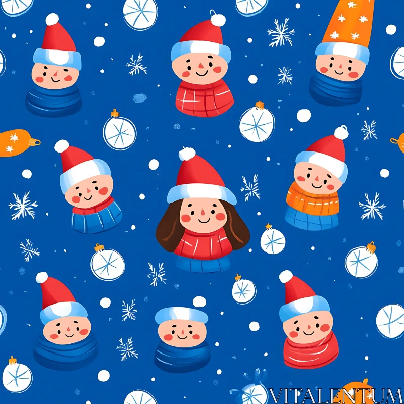 Cute Christmas Pattern Featuring Cartoon Characters and Holiday Elements AI Image