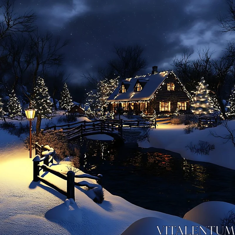 Winter Wonderland: Illuminated Cabin and Snowy Landscape AI Image