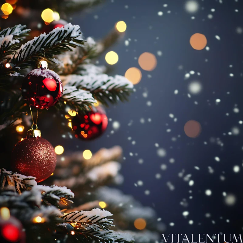 Snow-covered Christmas Tree with Red Baubles AI Image