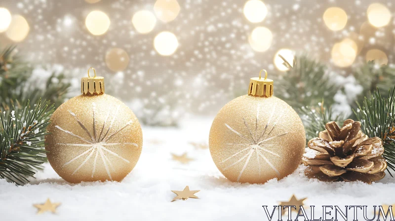 Festive Golden Christmas Baubles in Snow AI Image