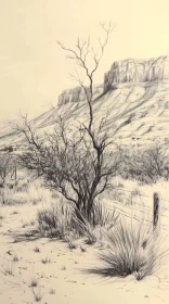 Detailed Desert Sketch with Mountains and Barren Trees