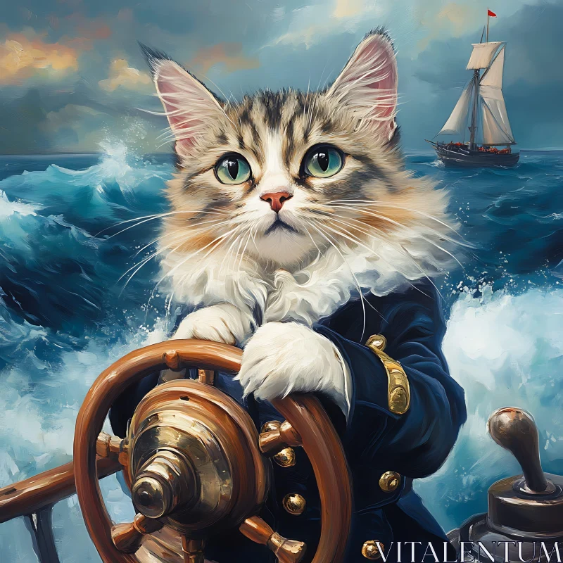 AI ART Whimsical Cat Captain Navigating Through the Ocean