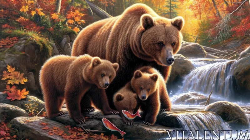 Captivating Painting of a Family of Brown Bears in a Serene Forest AI Image