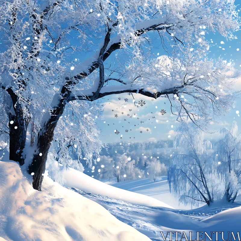 Calm Winter Scene with Snowfall and Frosty Trees AI Image