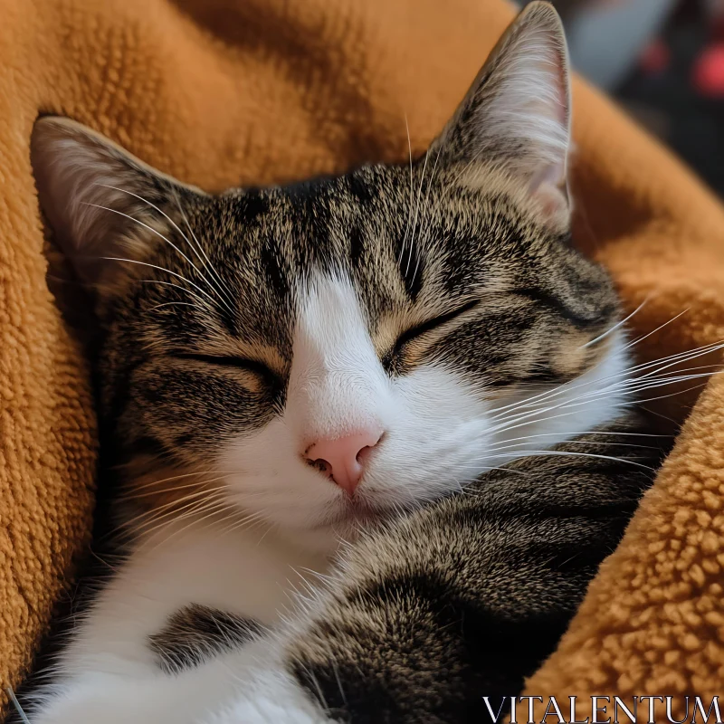 Peaceful Cat Wrapped in Orange Blanket AI Image