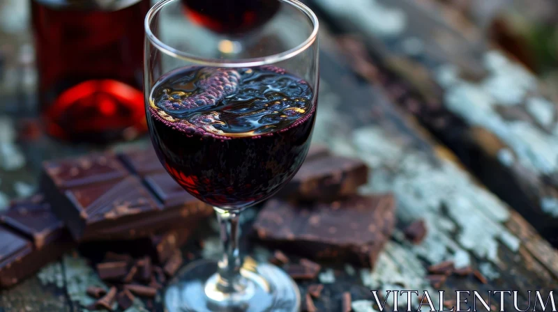 AI ART Intimate Still Life: Glass of Red Wine and Broken Chocolate Bar on Wooden Table
