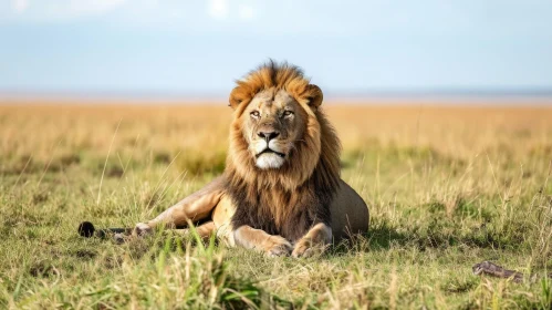 Majestic Male Lion on Grassy Plain - Wildlife Photography