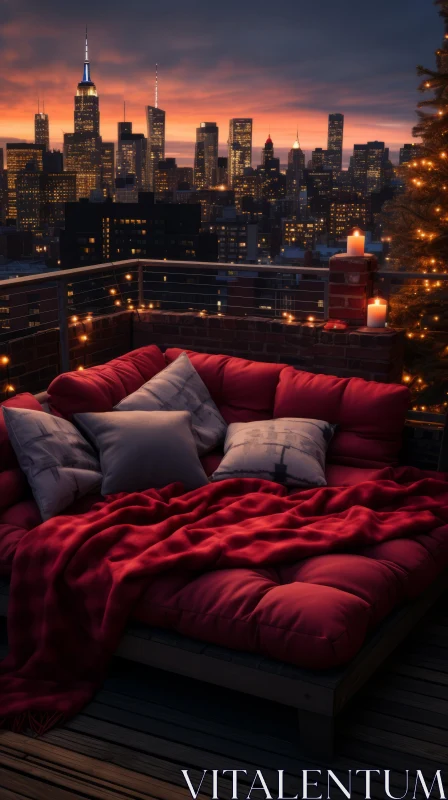 Night Lights and a Red Futon: A Dreamy and Romantic Composition AI Image