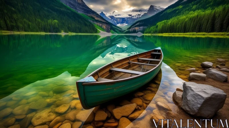 Tranquil Lake with Canoe Floating Amongst Mountains AI Image