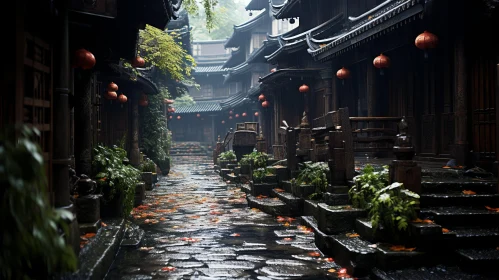 Tranquil Rainy Scene: Old Asian Houses in Chinese Tradition
