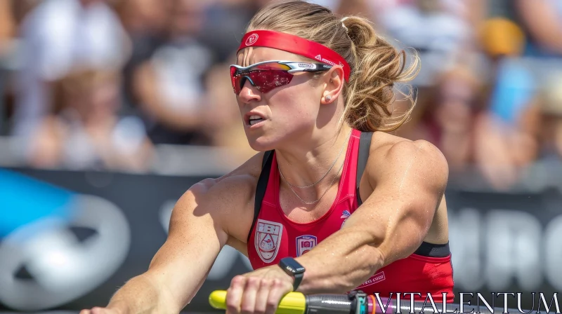 Young Female Rower in Red Tank Top Competing in Rowing Race AI Image