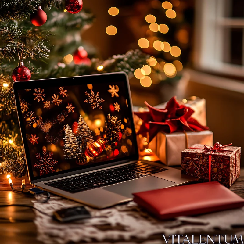 AI ART Holiday Decorations with Laptop and Gifts