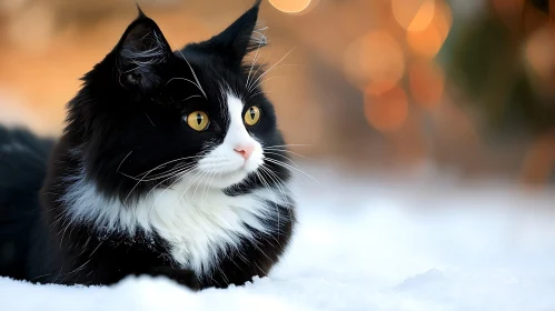 Cat with Yellow Eyes in Winter Scene