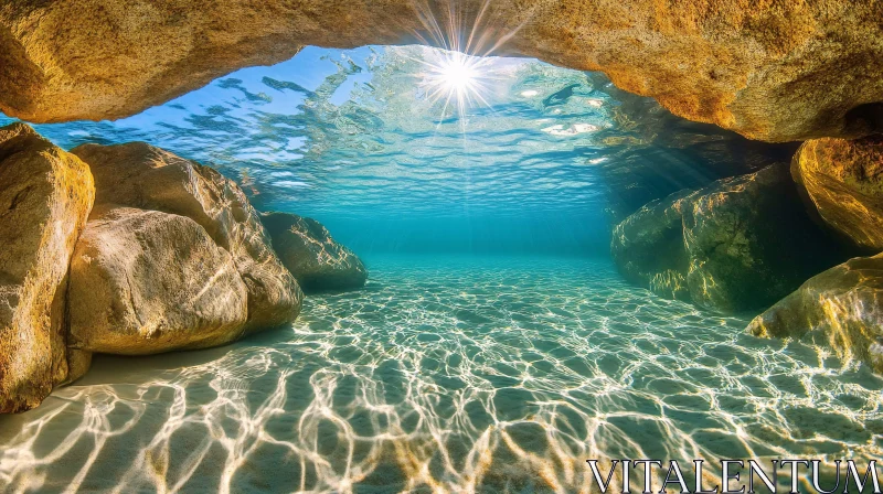 AI ART Sunlit Underwater Cave with Clear Water