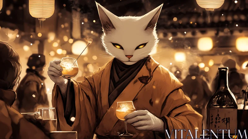 Human-like Cat Enjoying Drink in Lantern-lit Bar AI Image