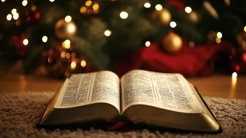 Holy Bible with Christmas Ornaments and Lights