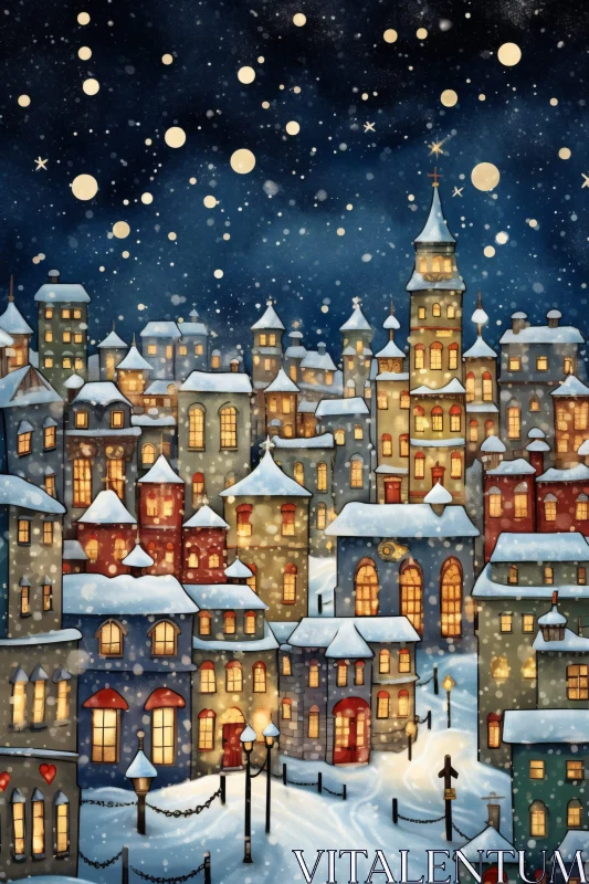 Christmas Snow Town with Stars and Warm Lights AI Image