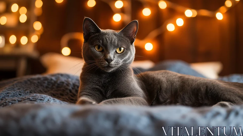 Charming Grey Cat in a Warmly Lit Room AI Image