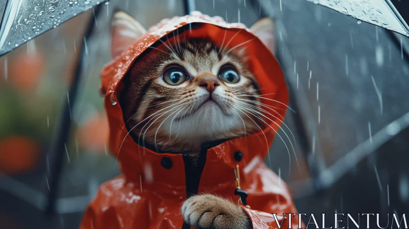 Cute Cat Sheltered from Rain in a Raincoat AI Image