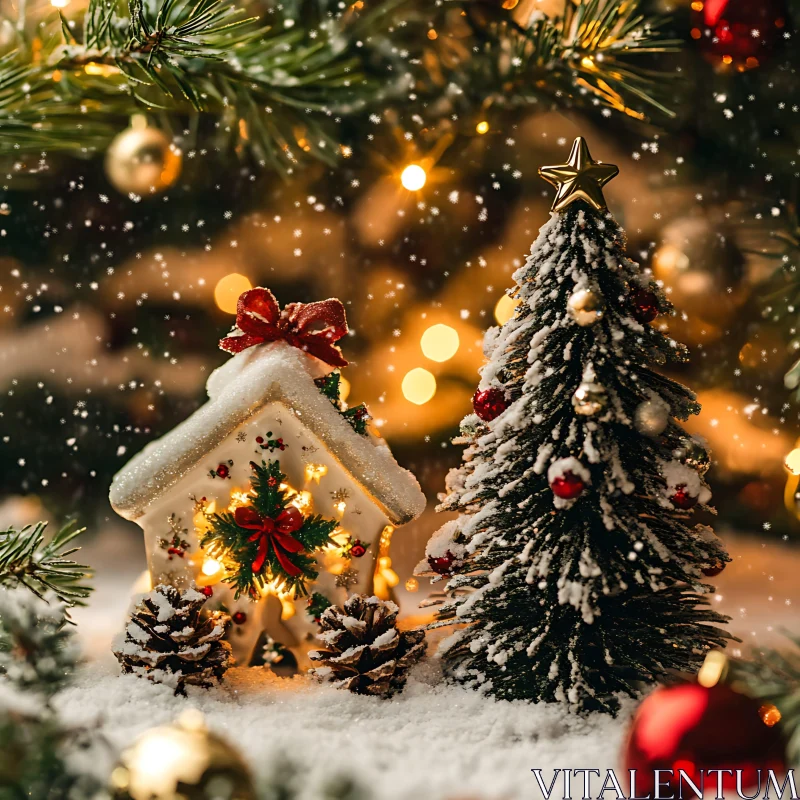 Festive Holiday Decorations with Snow and Lights AI Image