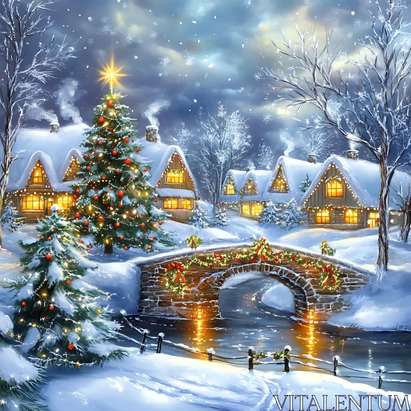 Charming Christmas Night in a Snowy Village AI Image