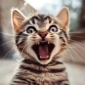 Cheerful Kitten with Wide Eyes and Striped Fur