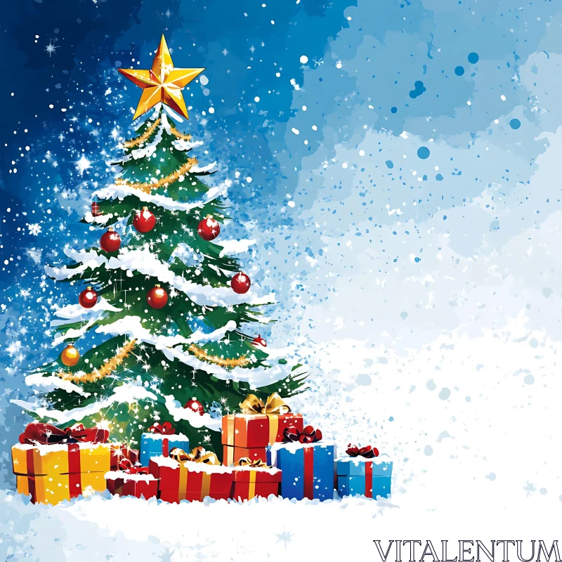 Holiday Christmas Tree with Gifts in Snowy Scene AI Image