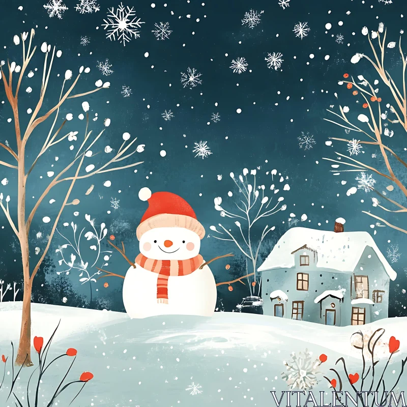 Festive Snowman in a Snowy Landscape AI Image