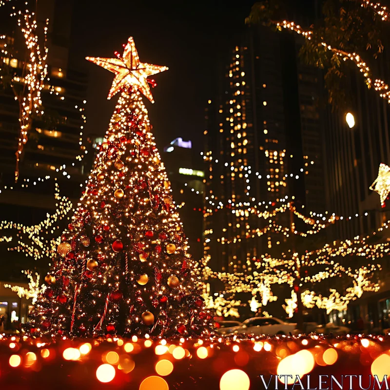 Illuminated Christmas Tree in the City at Night AI Image