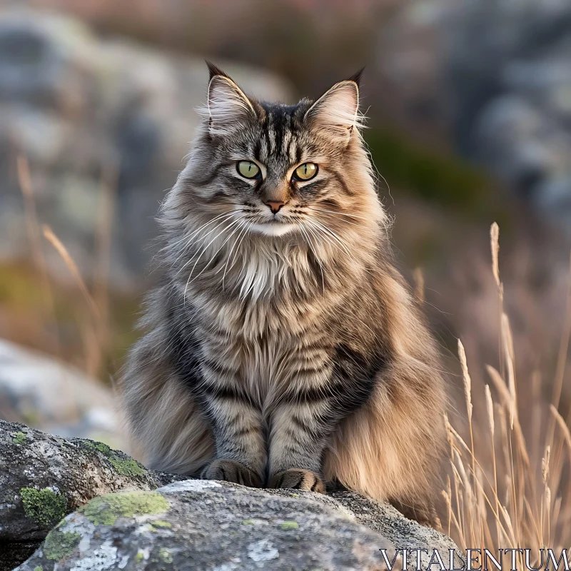 Lush-Furred Cat on a Rock AI Image