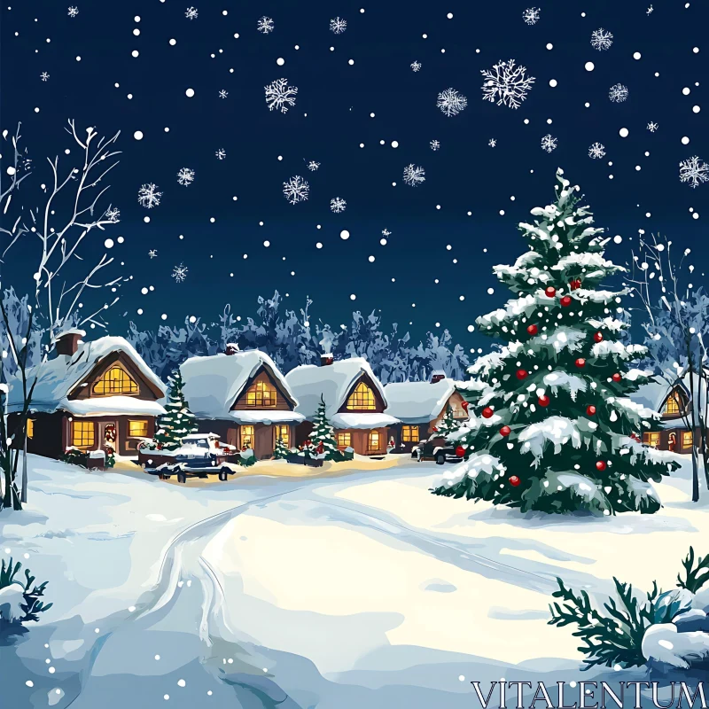 Winter Wonderland with Snow-Covered Cabins and Decorated Tree AI Image