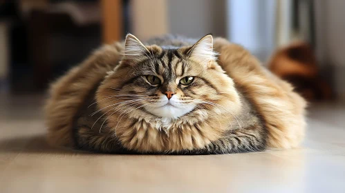 Fluffy Cat Portrait on Wooden Floor