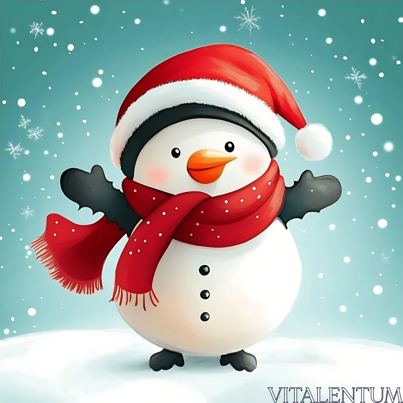 Festive Snowman with Santa Hat in Snowy Landscape AI Image