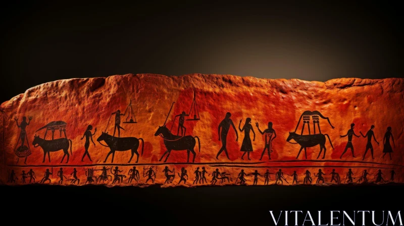 Ancient Rock Painting of People and Animals AI Image