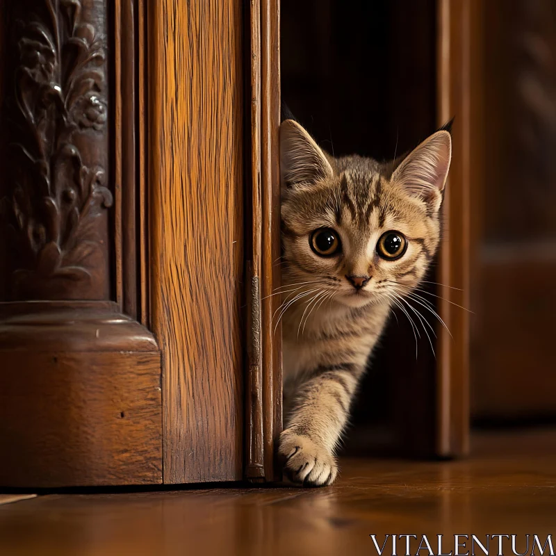 Innocent Kitten Peering Through Carved Wooden Door AI Image