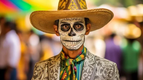 Captivating Image of a Man in a Sugar Skull Makeup and Traditional Costume