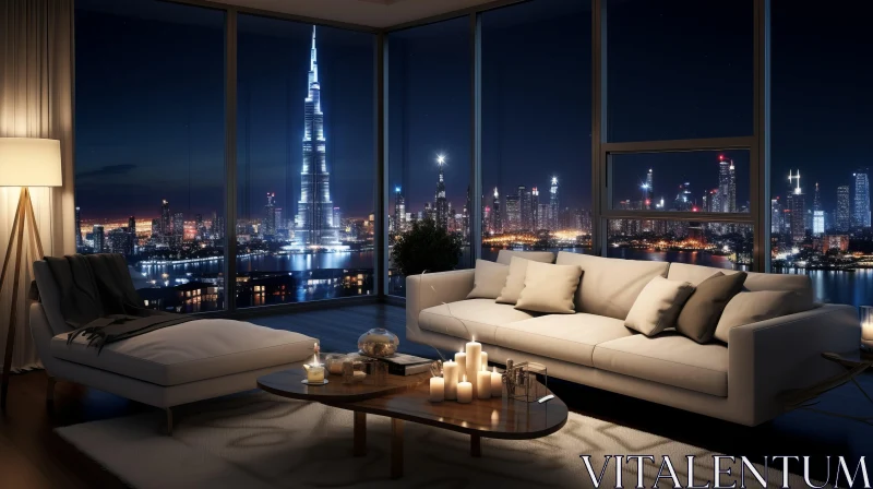 AI ART Captivating Living Room with Night Skyline View and Burj Khalifa