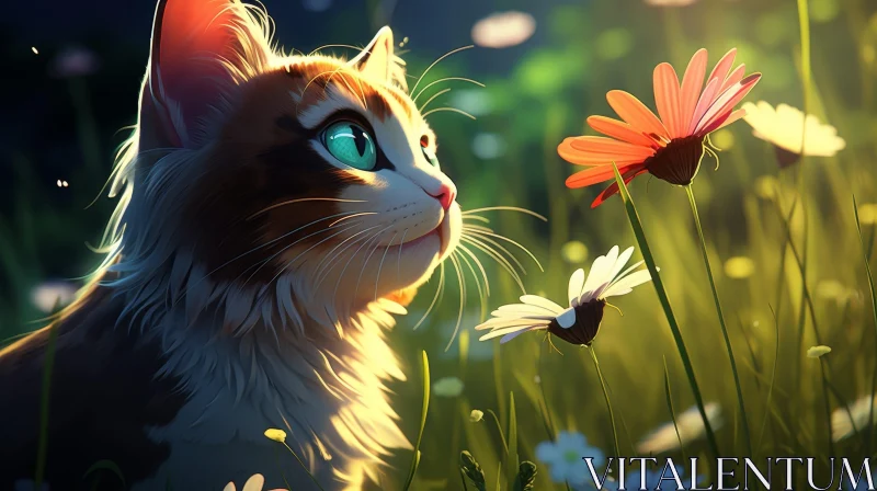 Cat in Field of Flowers Digital Painting AI Image