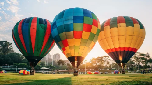 Colorful Hot Air Balloons Taking Off from Grassy Field