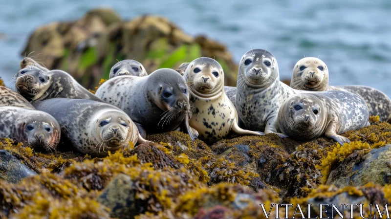 Curious Seal Pups on Seaweed-Covered Rock | Ocean Wildlife Photography AI Image