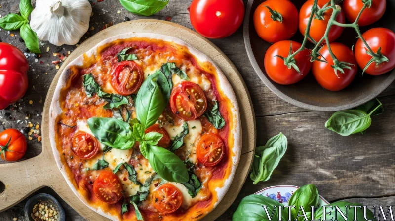 Delicious Pizza with Tomatoes, Mozzarella, and Basil on Wooden Table AI Image