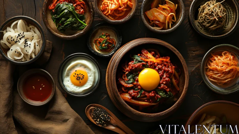 Delicious Traditional Korean Meal with Bibimbap and Side Dishes AI Image