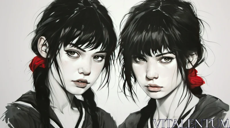 Elegant Portrait of Two Young Women with Black Hair AI Image