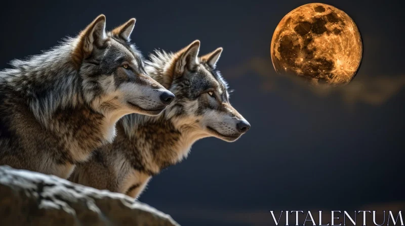 Enigmatic Night Scene with Wolves and a Glowing Moon AI Image