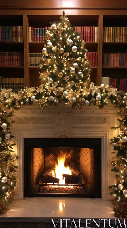 Golden Christmas Tree Fireplace - Monochromatic Mastery AI Image